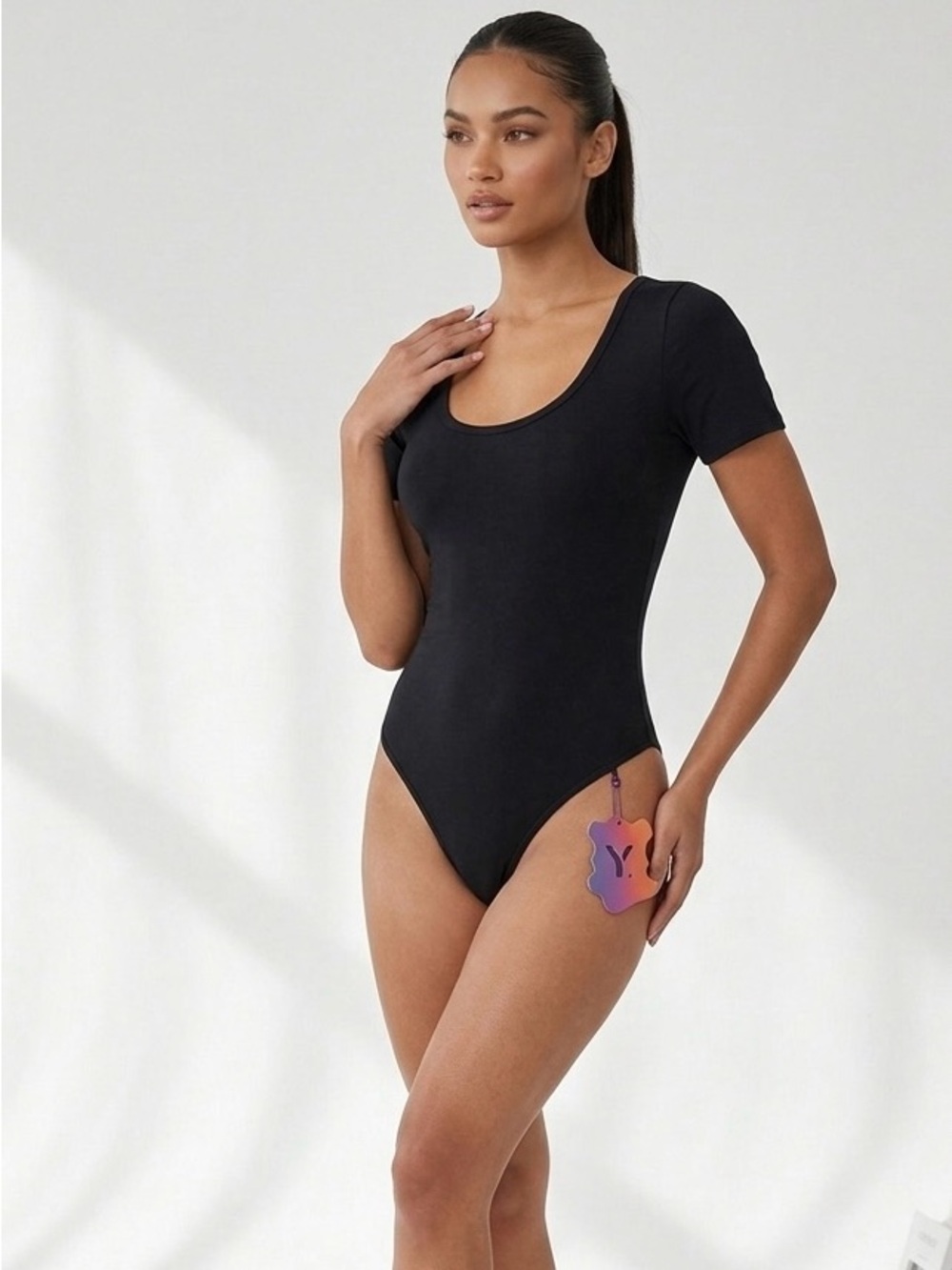 Black Scoop Neck Short Sleeve Bodysuit